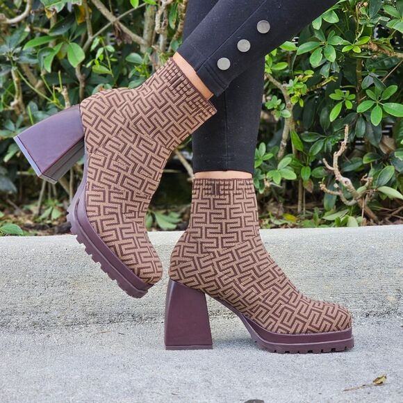 Women's Chunky Block Heel Sock Boots Print Color - Picture 3 of 5